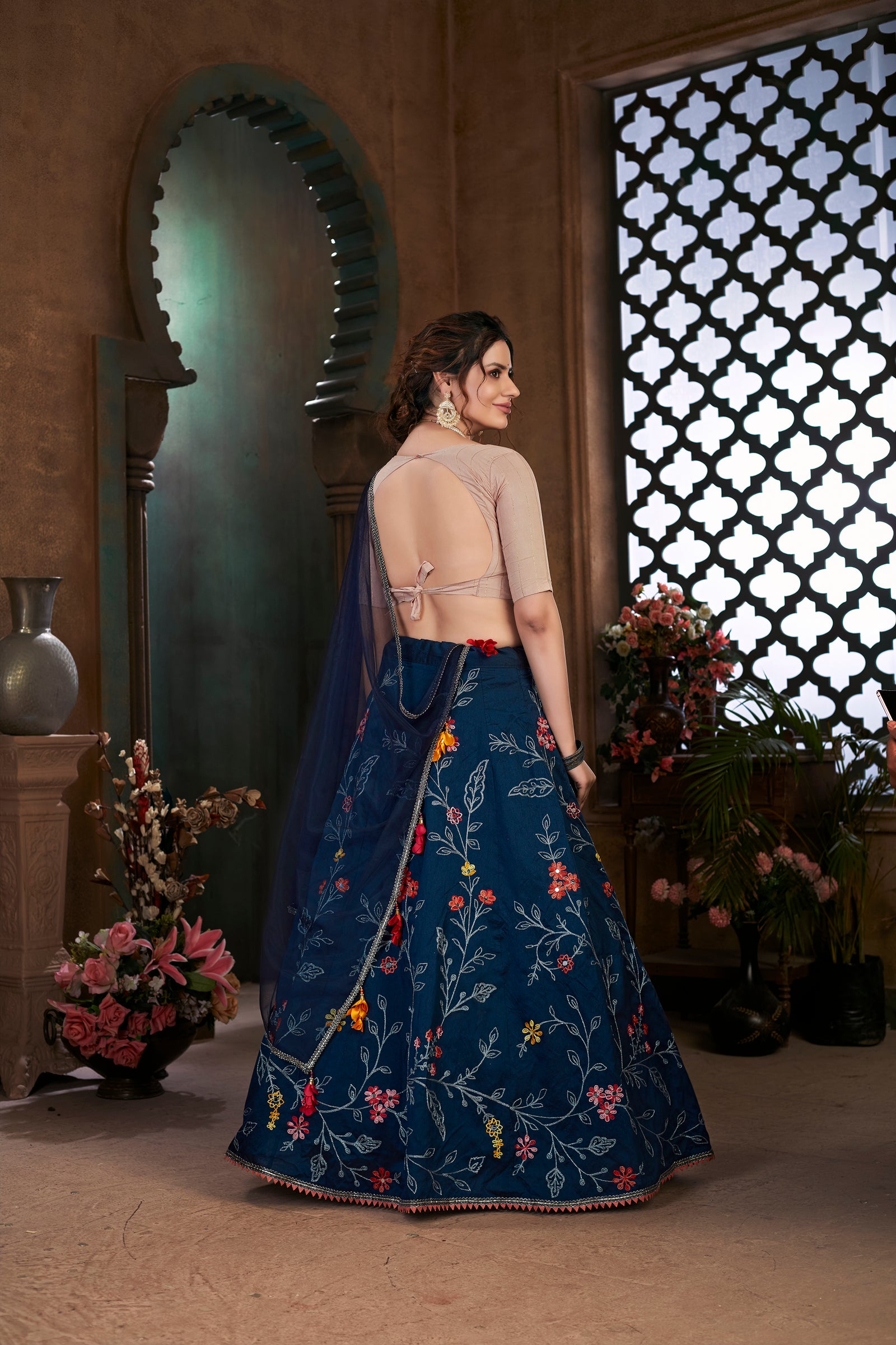 Navy Blue Thread Embroidered Art Silk Semi Stitched Bridal Lehenga ClothsVilla