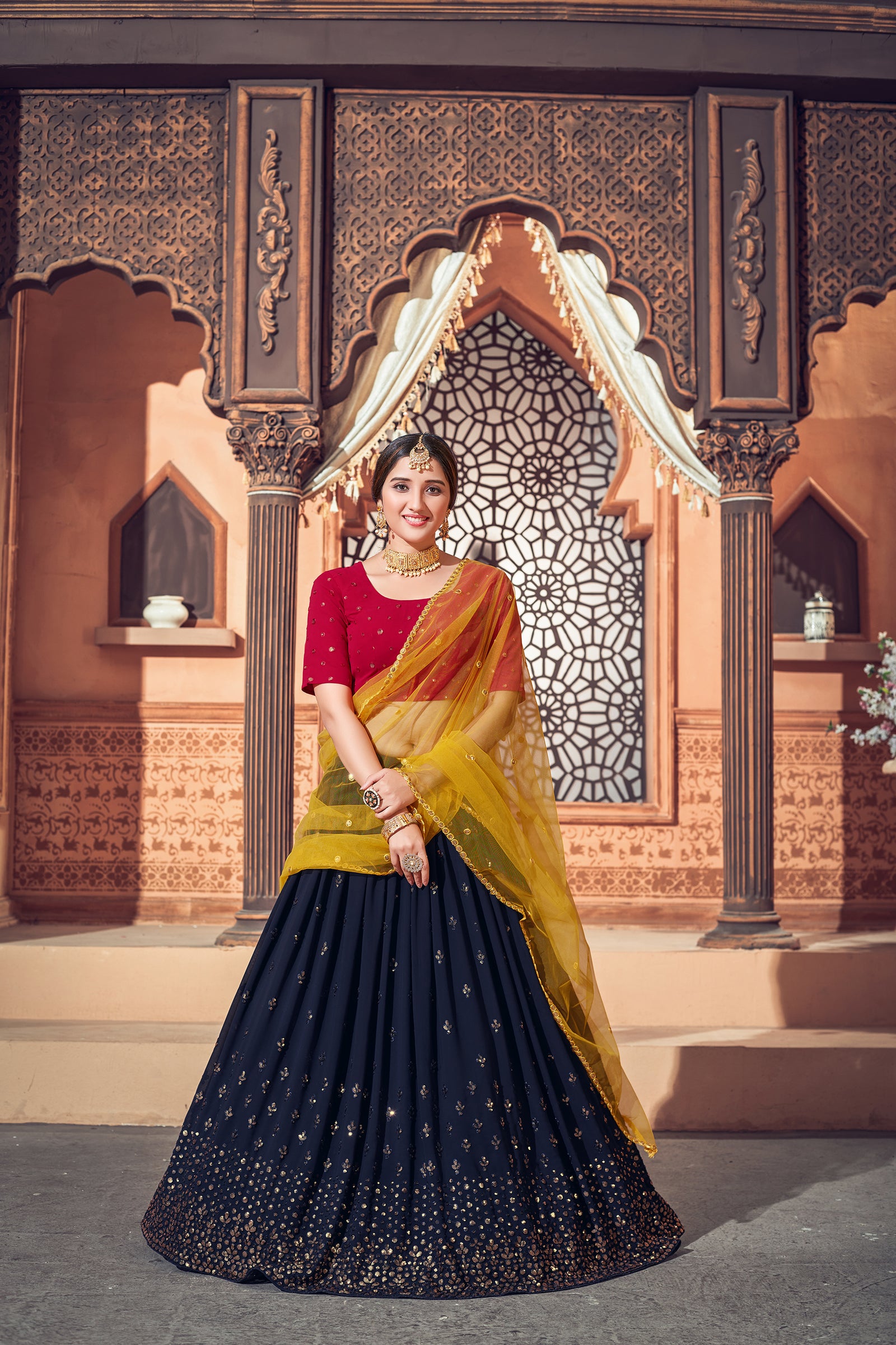 Navy Blue Thread Embroidered Georgette Party Lehenga Choli With Dupatta ClothsVilla