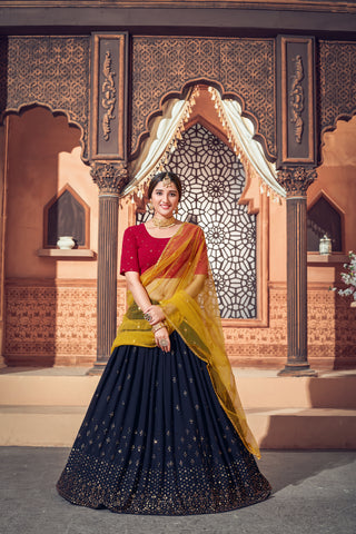 Navy Blue Thread Embroidered Georgette Party Lehenga Choli With Dupatta ClothsVilla