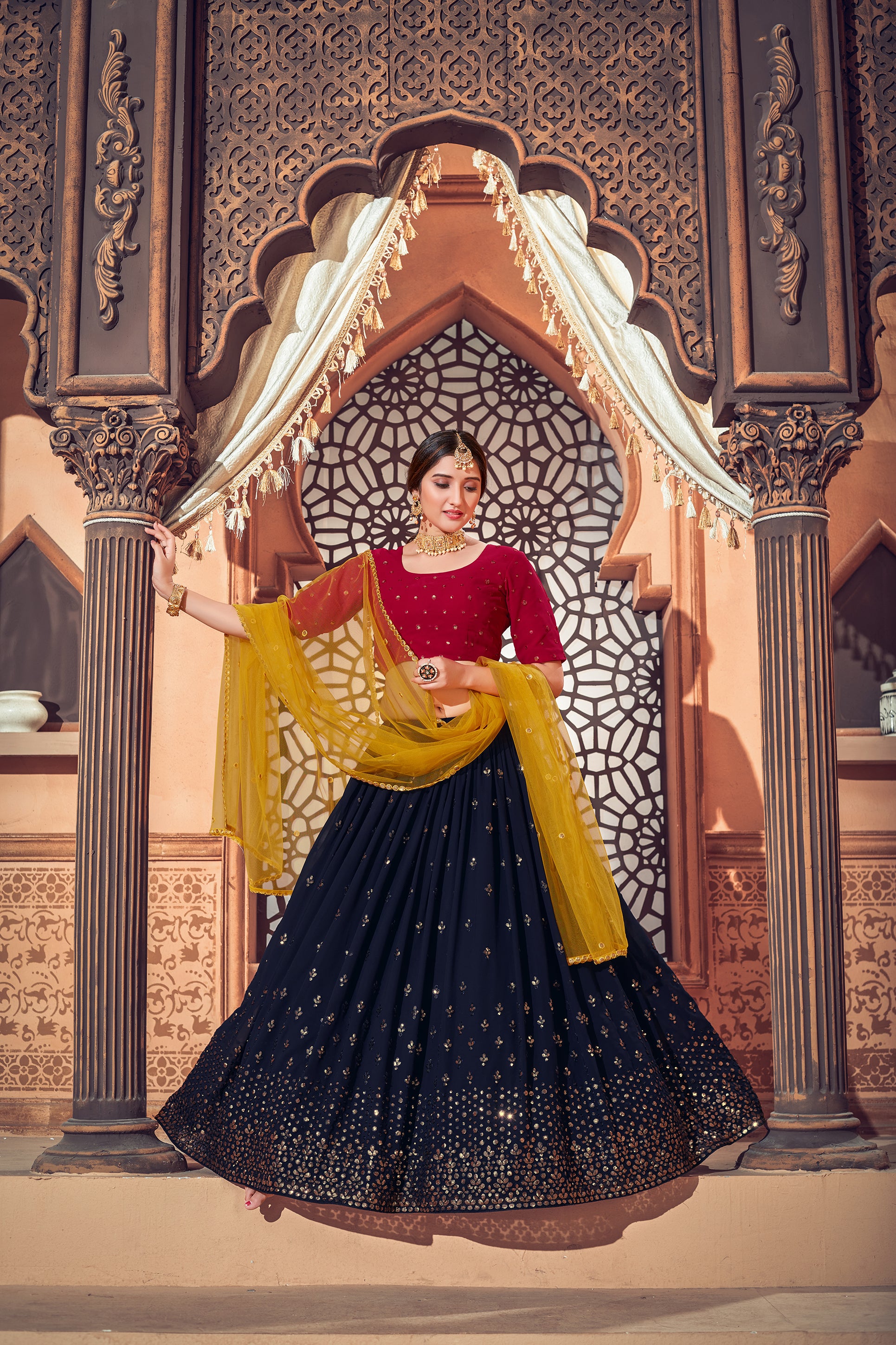 Navy Blue Thread Embroidered Georgette Party Lehenga Choli With Dupatta ClothsVilla Main image