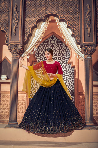 Navy Blue Thread Embroidered Georgette Party Lehenga Choli With Dupatta ClothsVilla