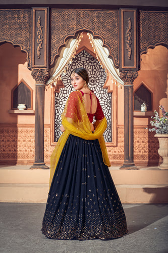 Navy Blue Thread Embroidered Georgette Party Lehenga Choli With Dupatta ClothsVilla
