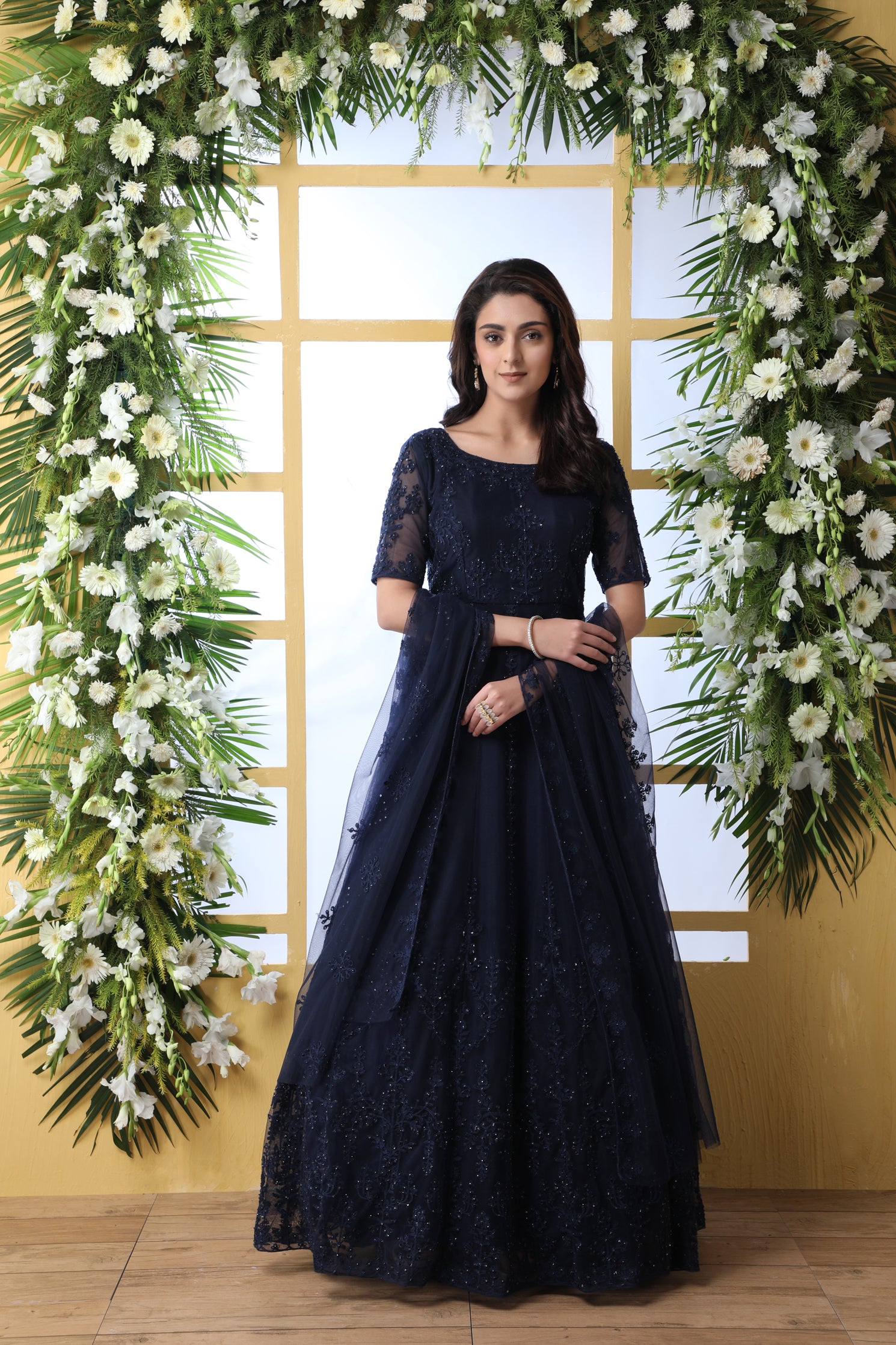 Navy Blue Thread Embroidered Net Party Wear Anarkali Gown With Dupatta ClothsVilla Main image