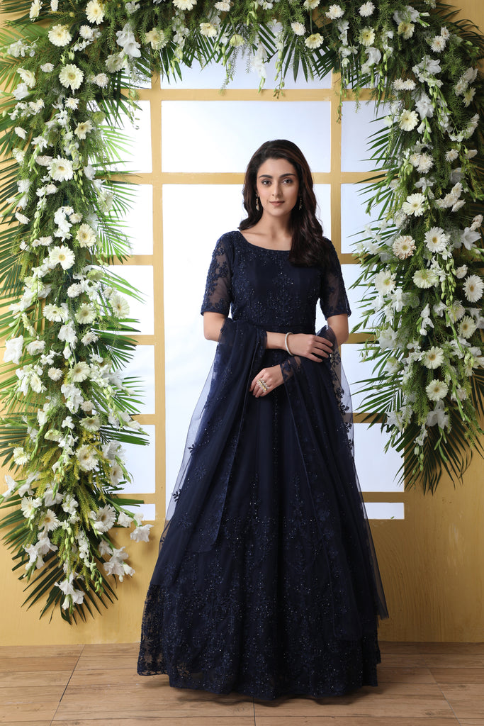 Navy Blue Thread Embroidered Net Party Wear Anarkali Gown Wi Navy Blue Thread Embroidered Net Party Wear Anarkali Gown Wi