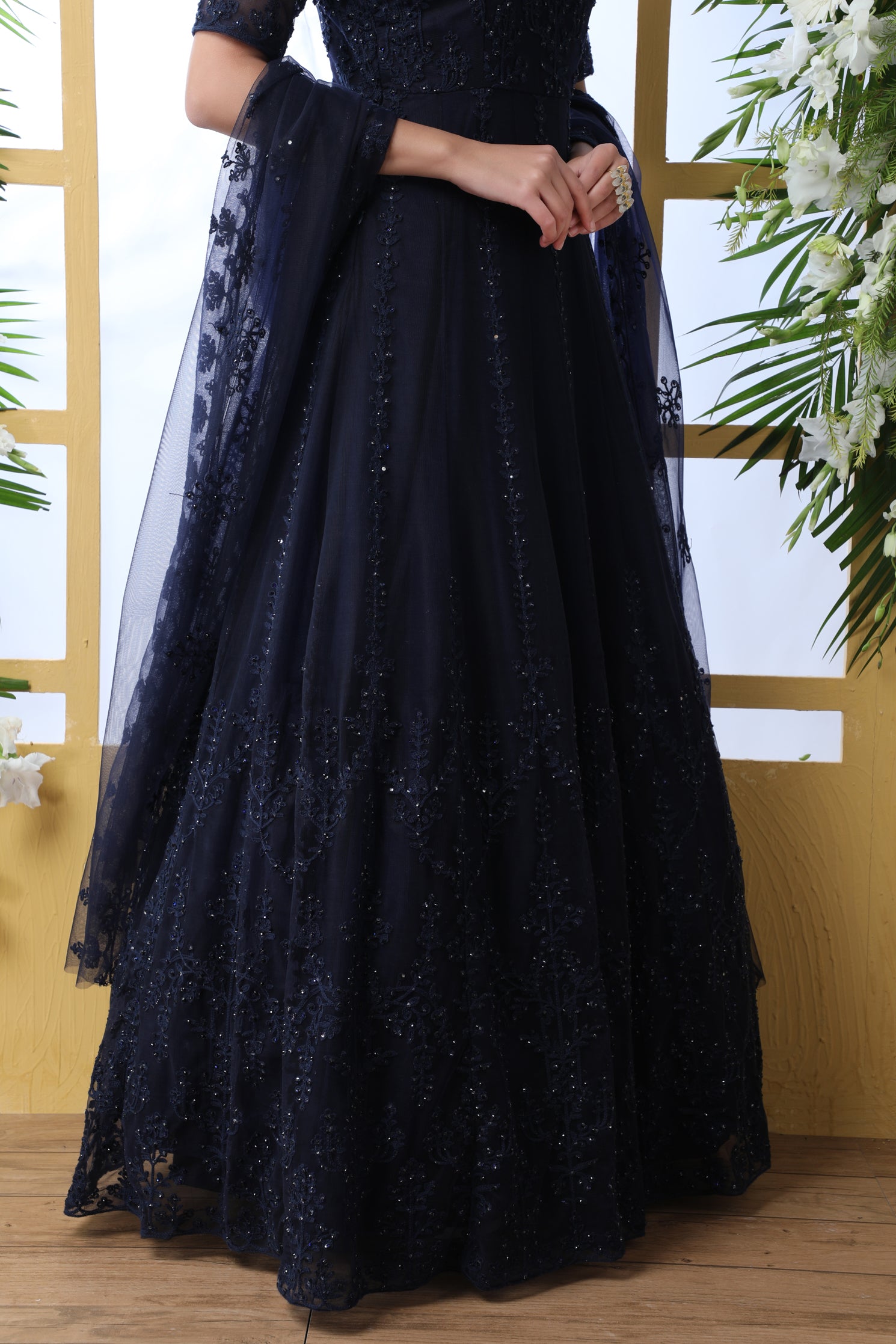 Navy Blue Thread Embroidered Net Party Wear Anarkali Gown With Dupatta ClothsVilla