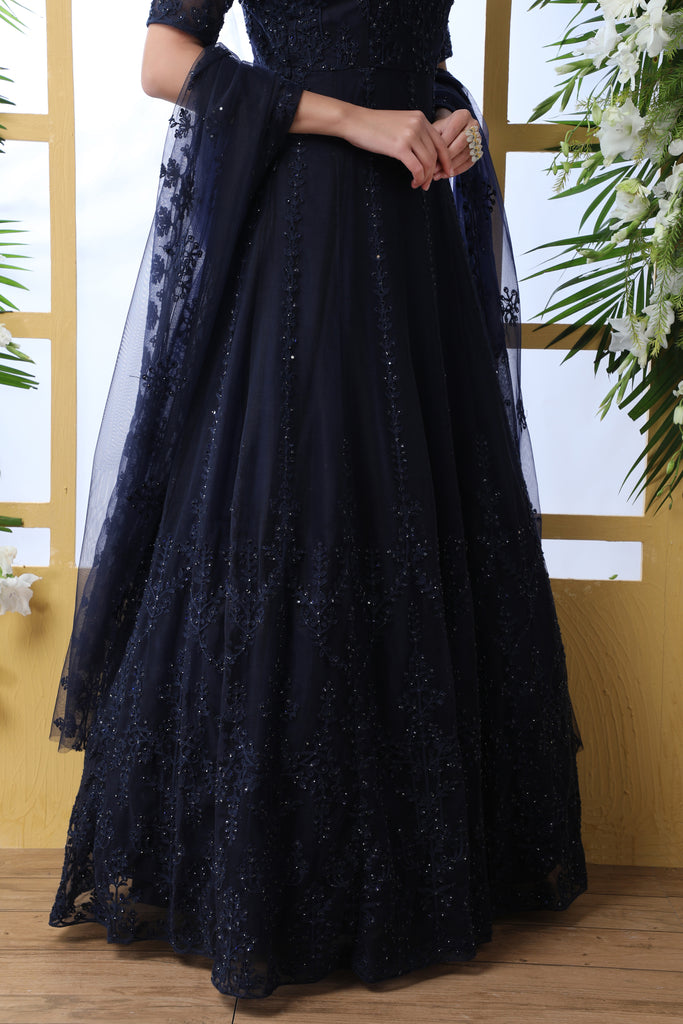 Navy Blue Thread Embroidered Net Party Wear Anarkali Gown Wi