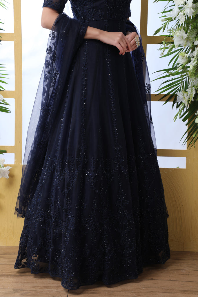 navy blue net dress Navy Blue Resham Embroidered Net Wedding Indian Anarkali Salwar Suit