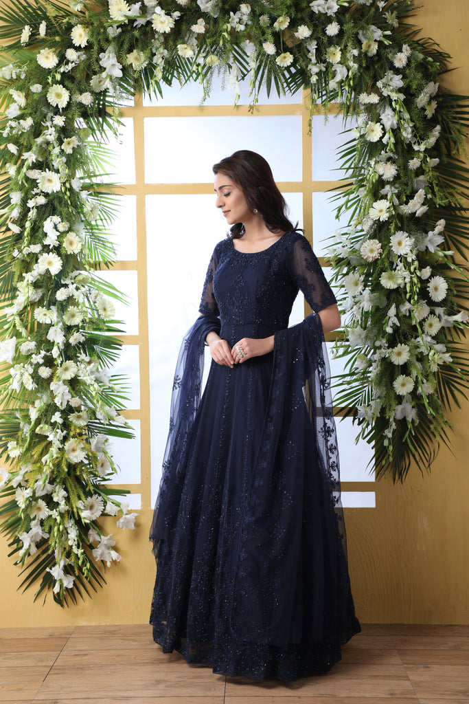 Navy Blue Thread Embroidered Net Party Wear Anarkali Gown With Dupatta ClothsVilla