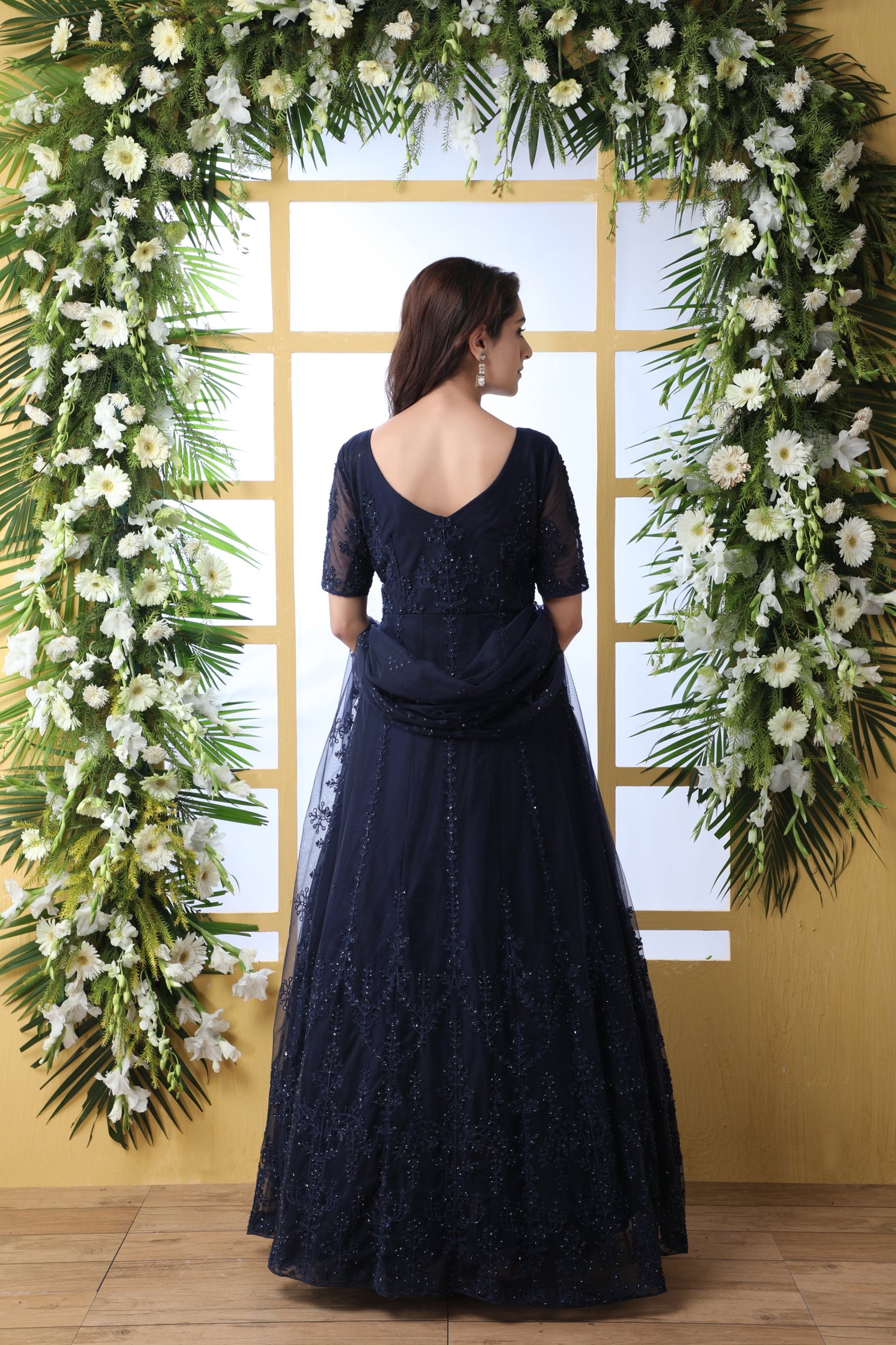 Navy Blue Thread Embroidered Net Party Wear Anarkali Gown With Dupatta ClothsVilla