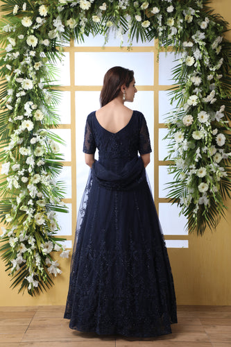Navy Blue Thread Embroidered Net Party Wear Anarkali Gown With Dupatta ClothsVilla
