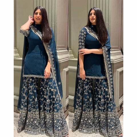 Navy Blue Top With Sequins Work Palazzo Set Clothsvilla Main image