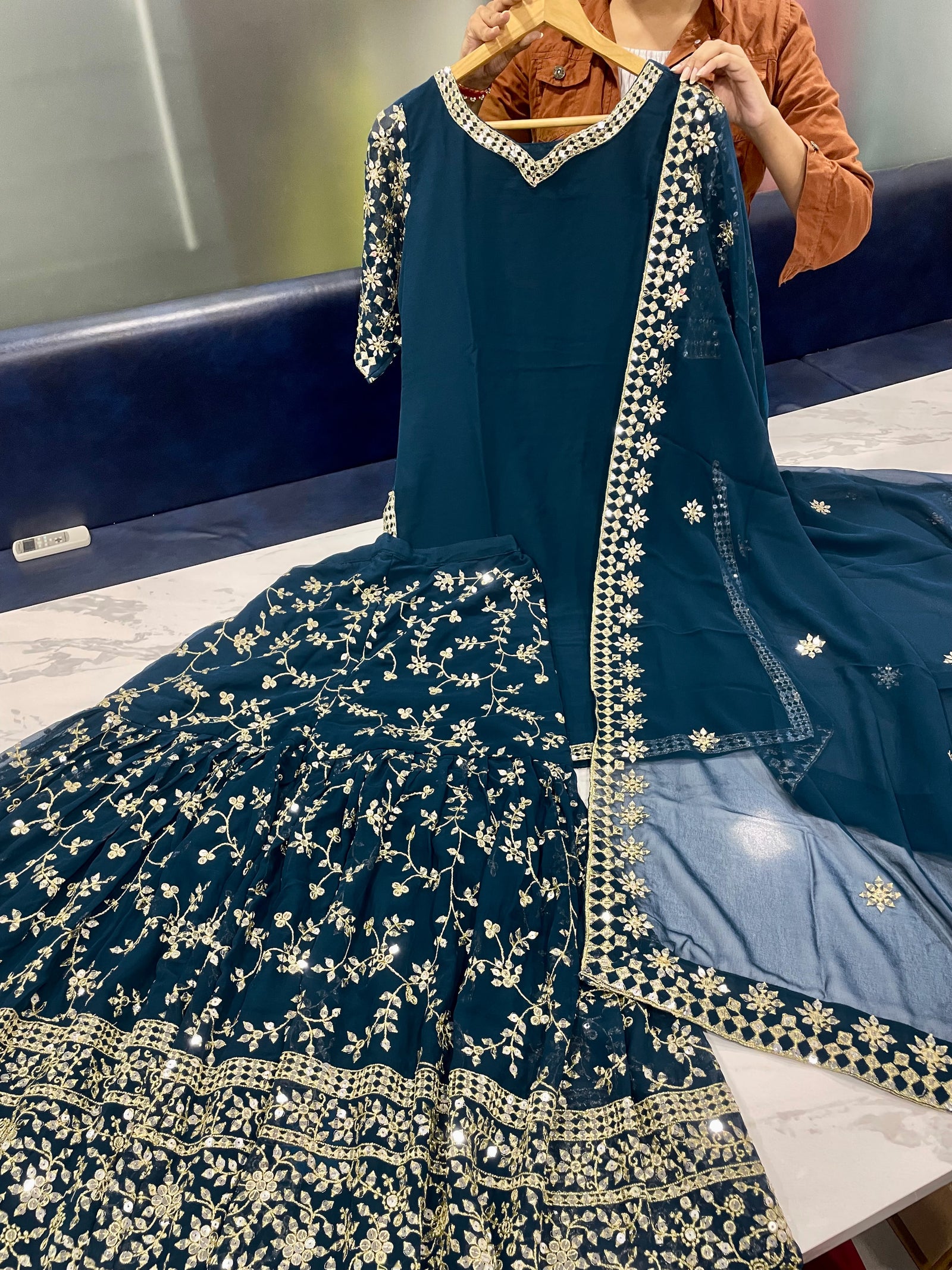 Navy Blue Top With Sequins Work Palazzo Set Clothsvilla