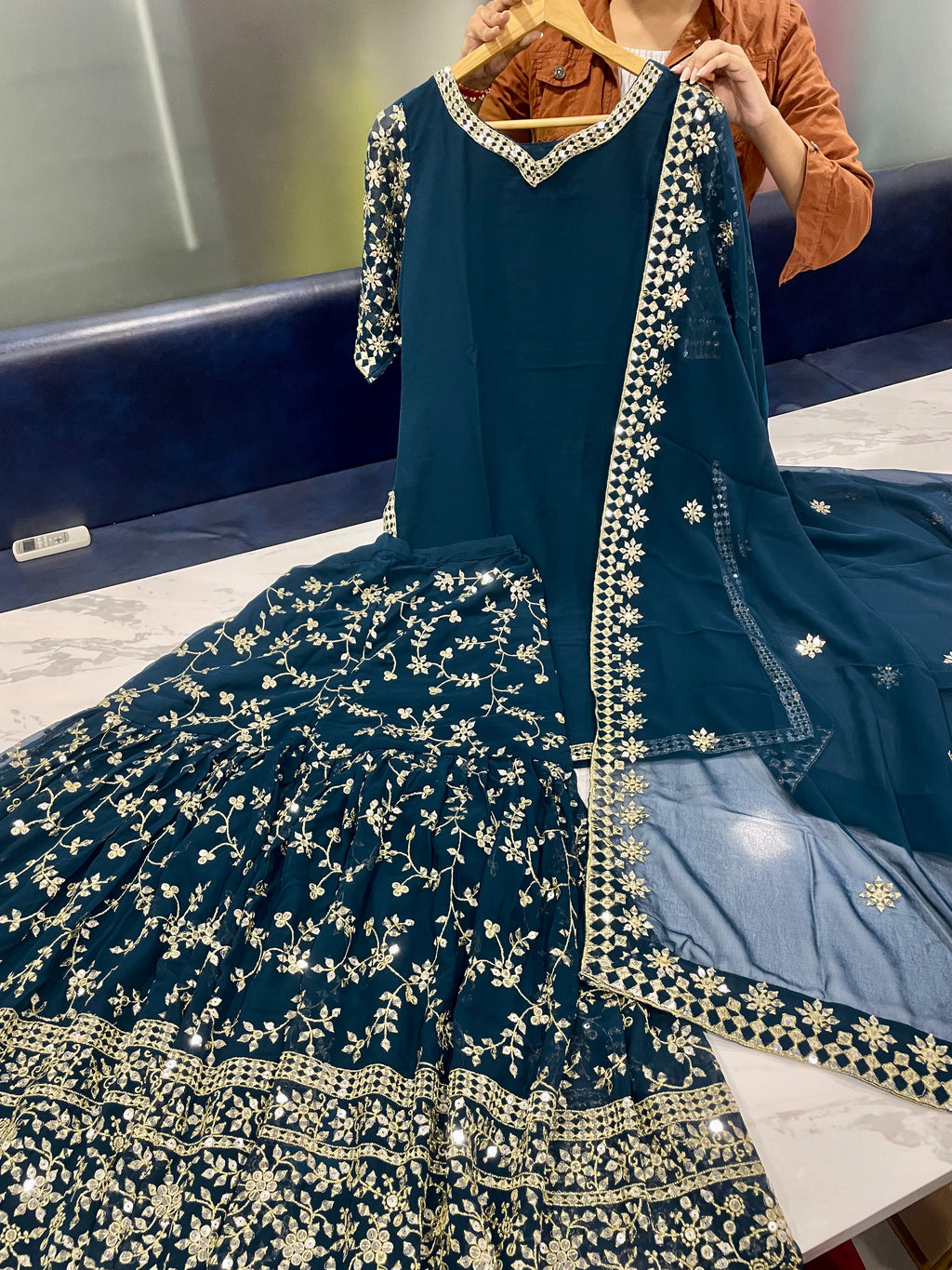 Navy Blue Top With Sequins Work Palazzo Set Clothsvilla