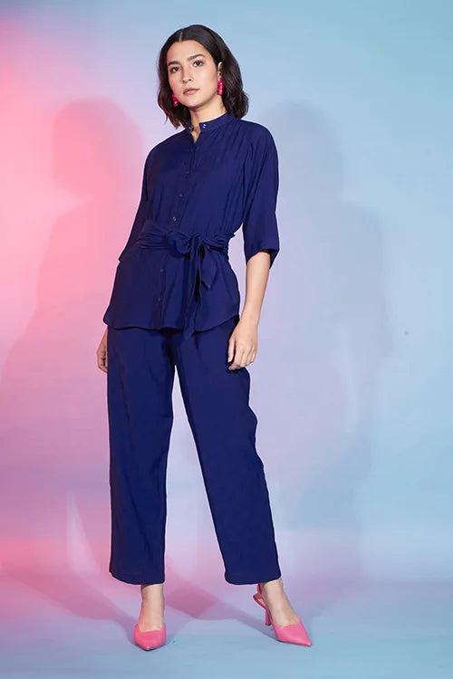 Navy Blue Viscose Rayon Self Design Stitched Co-ords Set Collection ClothsVilla.com