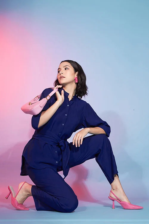 Navy Blue Viscose Rayon Self Design Stitched Co-ords Set Collection ClothsVilla.com