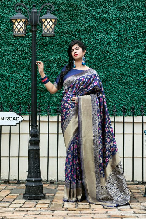 Navy Blue Weaving Banarasi Silk Festive Saree With Blouse ClothsVilla Main image