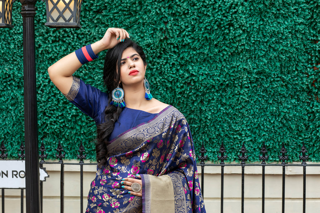 Navy Blue Weaving Banarasi Silk Festive Saree With Blouse ClothsVilla