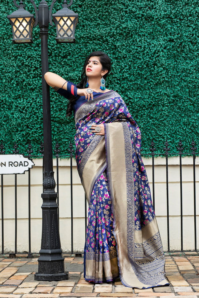 Navy Blue Weaving Banarasi Silk Festive Saree With Blouse ClothsVilla