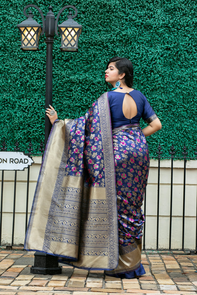 Navy Blue Weaving Banarasi Silk Festive Saree With Blouse ClothsVilla