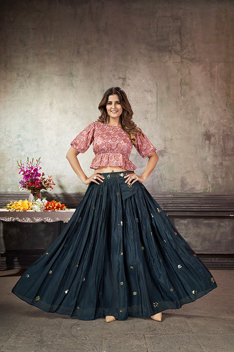 Navy Art Silk Thread With Sequins Embroidered Crop-Top Skirt ClothsVilla.com Main image