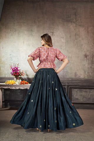 Navy Art Silk Thread With Sequins Embroidered Crop-Top Skirt ClothsVilla.com
