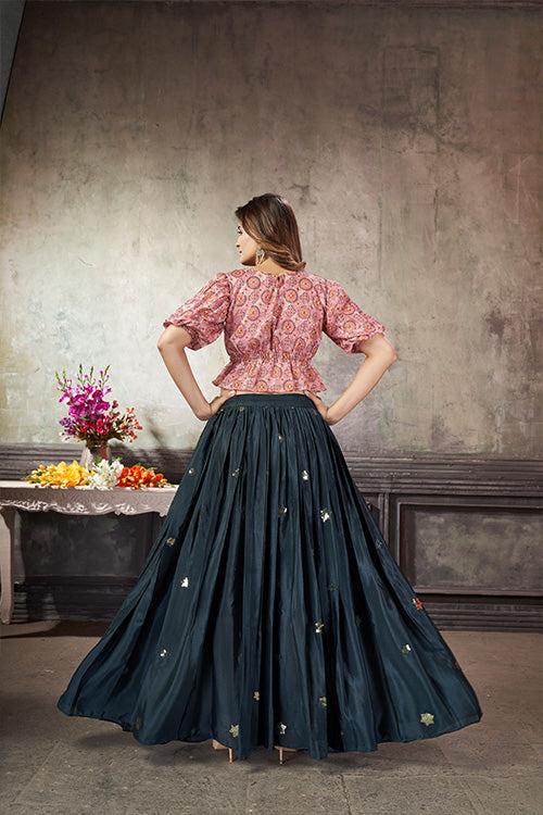 Navy Art Silk Thread With Sequins Embroidered Crop-Top Skirt ClothsVilla.com