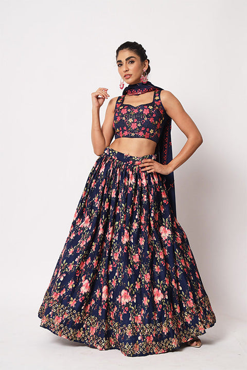 Navy Blue Art Silk Sequince Embroidered Work Lehenga Choli ClothsVilla.com Main image