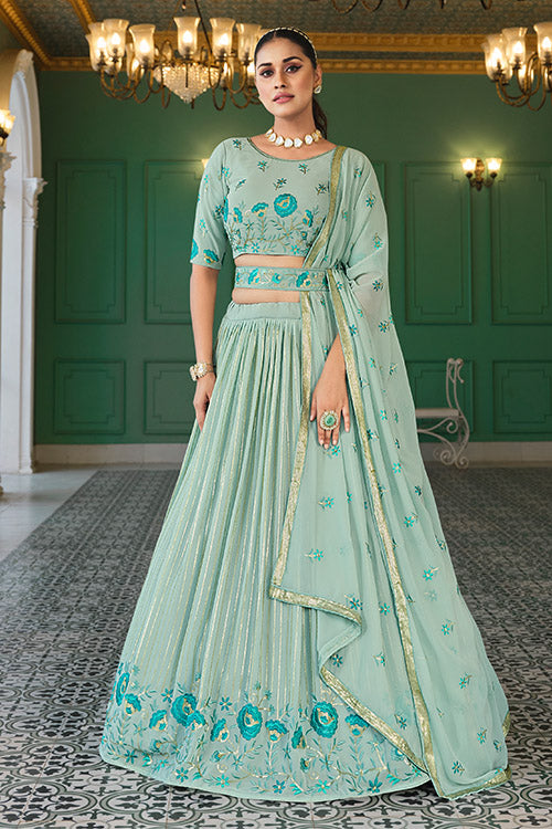 Pista Green Georgette Sequins Embroidered Work On Lehenga Choli ClothsVilla.com