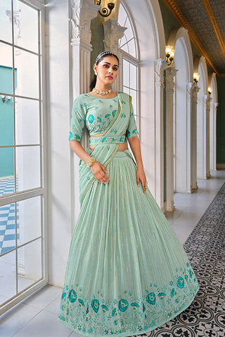 Pista Green Georgette Sequins Embroidered Work On Lehenga Choli ClothsVilla.com