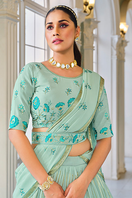 Pista Green Georgette Sequins Embroidered Work On Lehenga Choli ClothsVilla.com