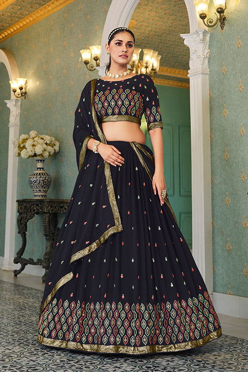 Navy Blue Georgette Thread With Sequins Work On Lehenga Choli ClothsVilla.com