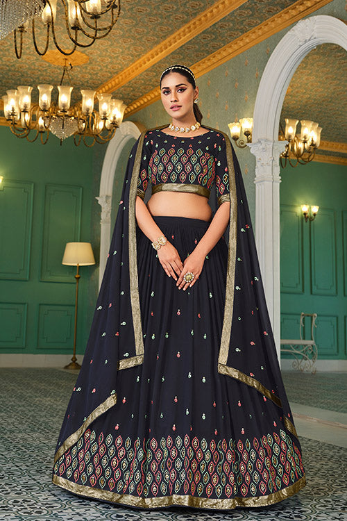 Navy Blue Georgette Thread With Sequins Work On Lehenga Choli ClothsVilla.com