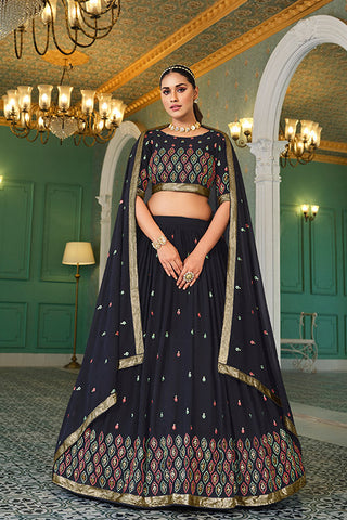 Navy Blue Georgette Thread With Sequins Work On Lehenga Choli ClothsVilla.com
