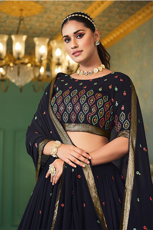 Navy Blue Georgette Thread With Sequins Work On Lehenga Choli ClothsVilla.com