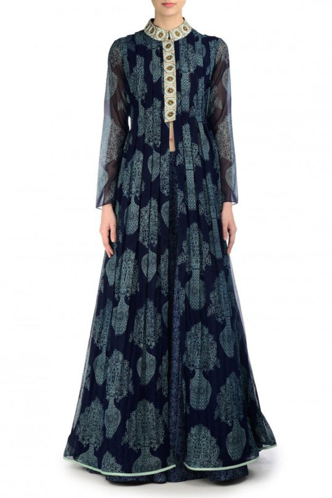 Navy Blue Indian Georgette Gown For Indian Festival & Weddings - Print Work, Zari Work Clothsvilla