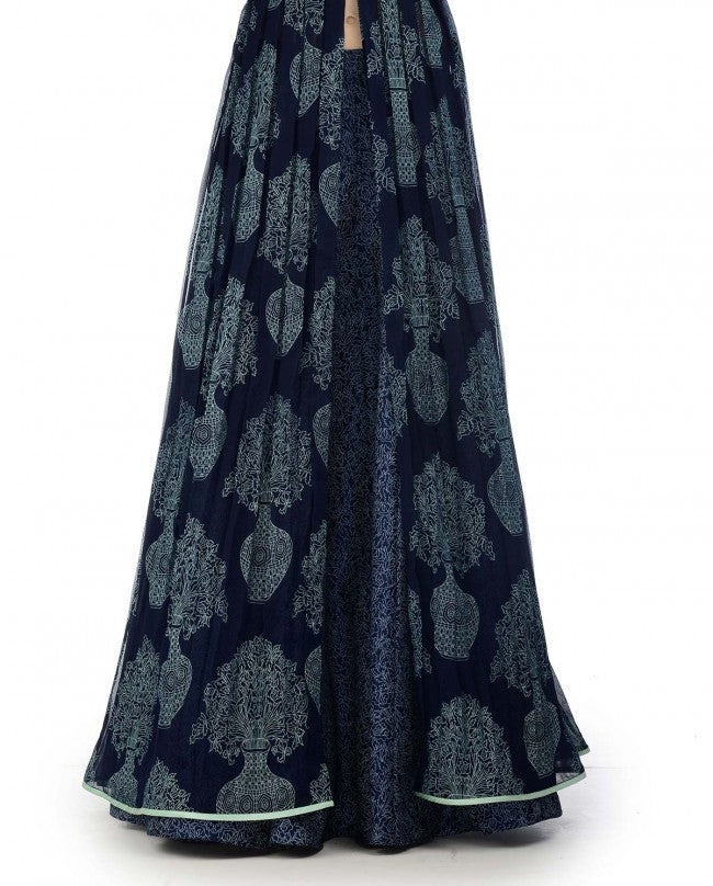 Navy Blue Indian Georgette Gown For Indian Festival & Weddings - Print Work, Zari Work Clothsvilla