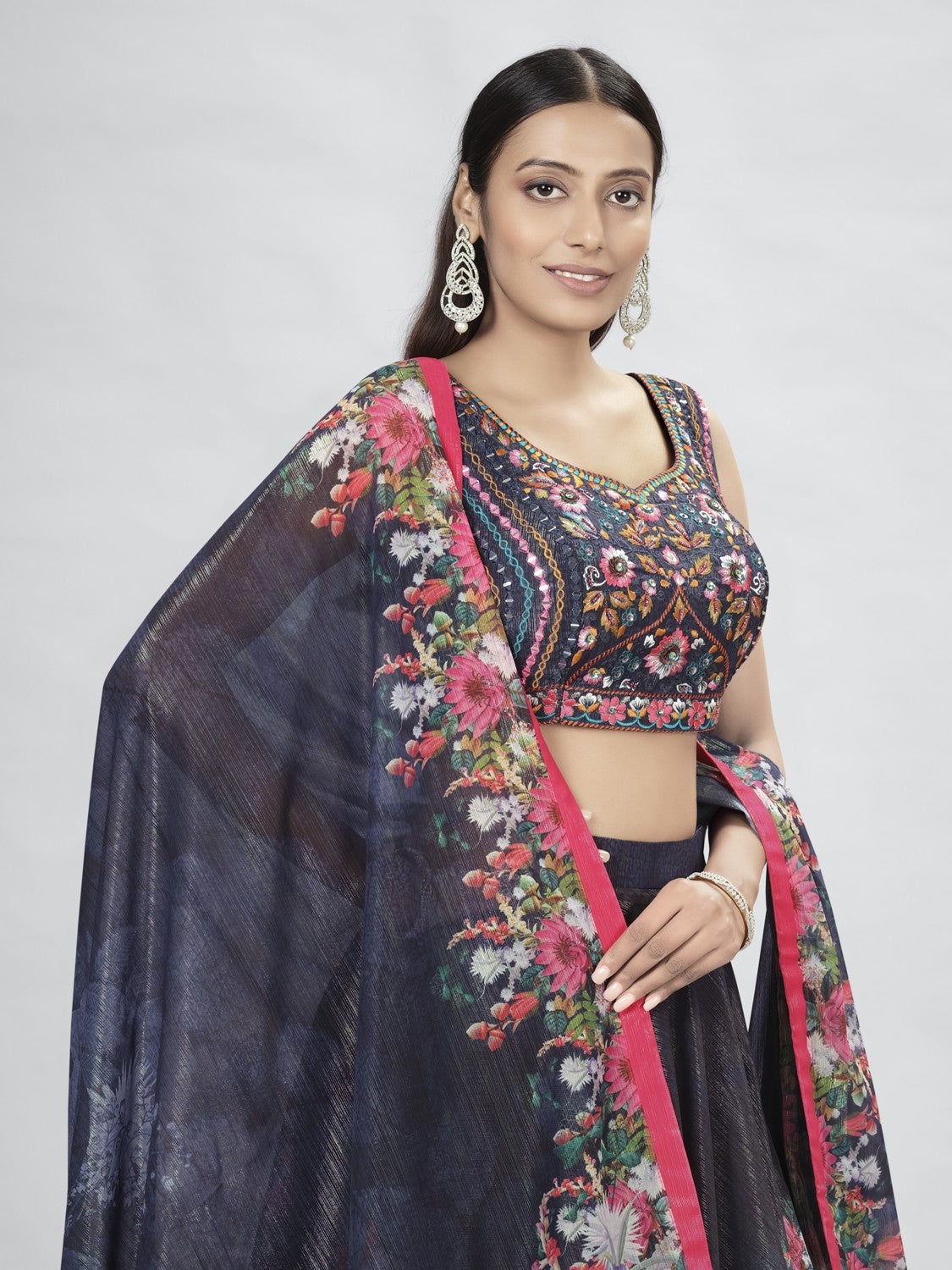 Navy Blue Pakistani Art Silk Lehenga Choli For Indian Festival & Weddings - Thread Embroidery Work, Clothsvilla
