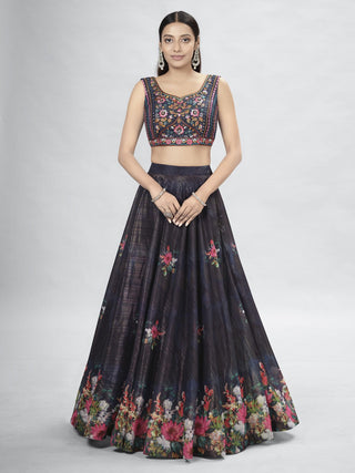 Navy Blue Pakistani Art Silk Lehenga Choli For Indian Festival & Weddings - Thread Embroidery Work, Clothsvilla