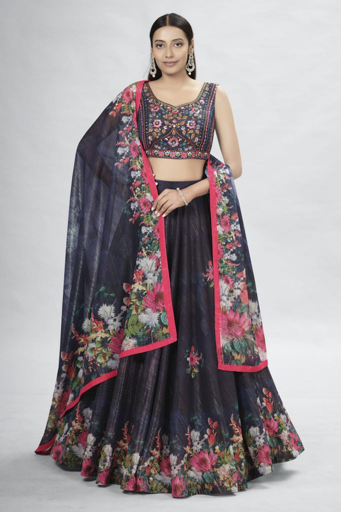Navy Blue Pakistani Art Silk Lehenga Choli For Indian Festival & Weddings - Thread Embroidery Work, Clothsvilla