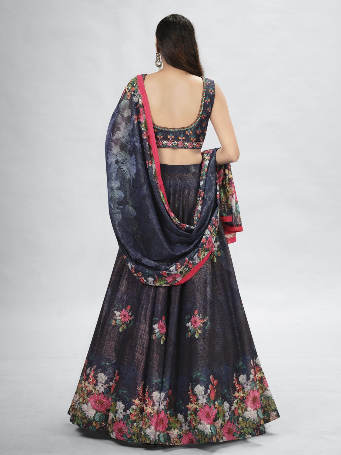 Navy Blue Pakistani Art Silk Lehenga Choli For Indian Festival & Weddings - Thread Embroidery Work, Secondary image