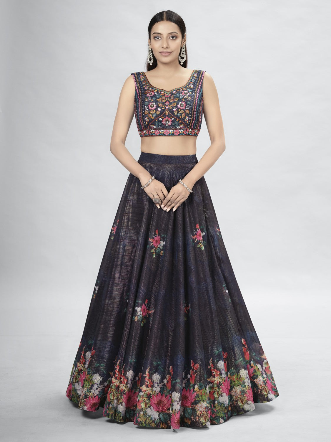 Navy Blue Pakistani Art Silk Lehenga Choli For Indian Festival & Weddings - Thread Embroidery Work, Clothsvilla
