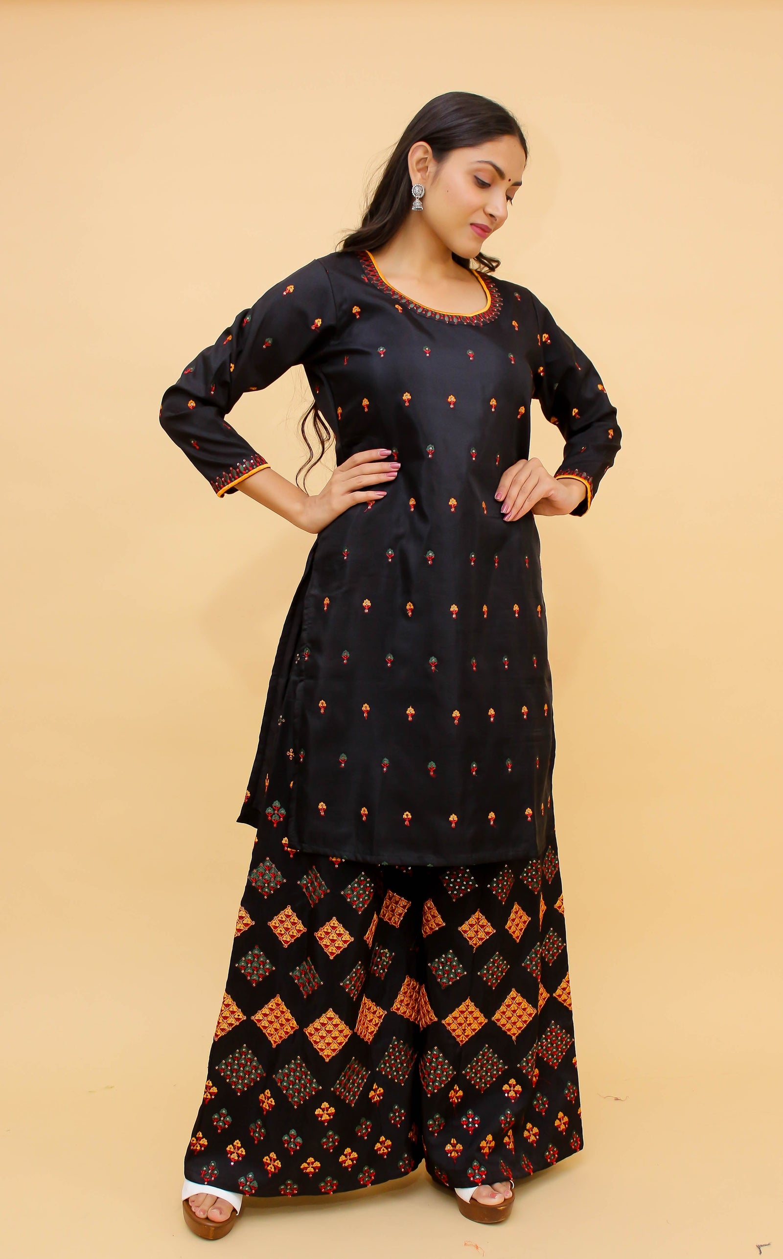 Navy Blue Pakistani Art Silk Plazo Suit For Indian Festival & Weddings - Sequence Embroidery Work, Thread Embroidery Work, Clothsvilla
