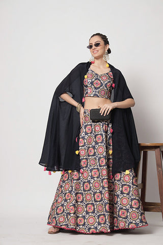 Navy Chinon Silk Print With Sequins Work Lehenga Choli ClothsVilla.com