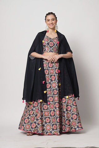 Navy Chinon Silk Print With Sequins Work Lehenga Choli ClothsVilla.com