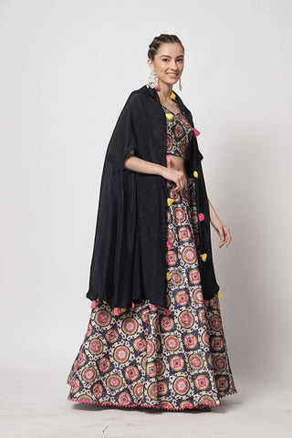 Navy Chinon Silk Print With Sequins Work Lehenga Choli ClothsVilla.com