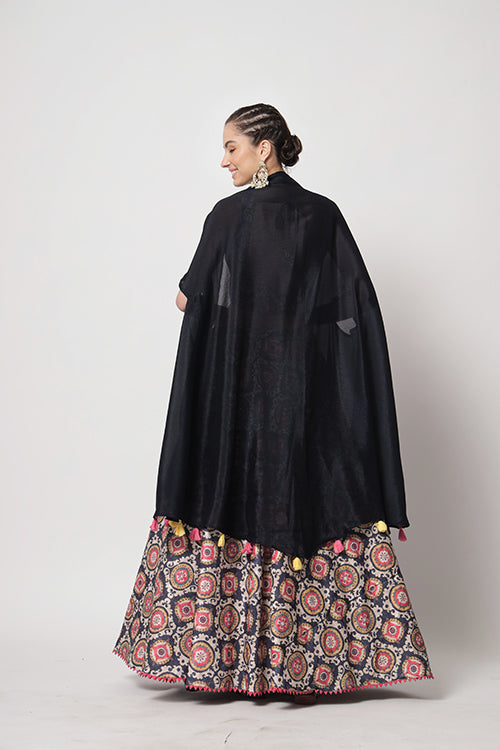 Navy Chinon Silk Print With Sequins Work Lehenga Choli ClothsVilla.com