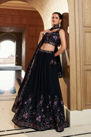 Navy Georgette Sequins Embroidered Work Lehenga Choli ClothsVilla.com