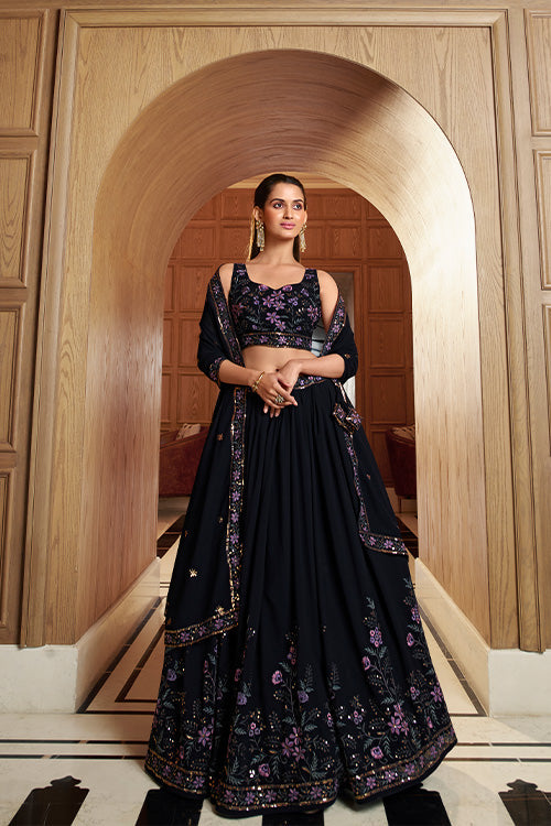 Navy Georgette Sequins Embroidered Work Lehenga Choli ClothsVilla.com
