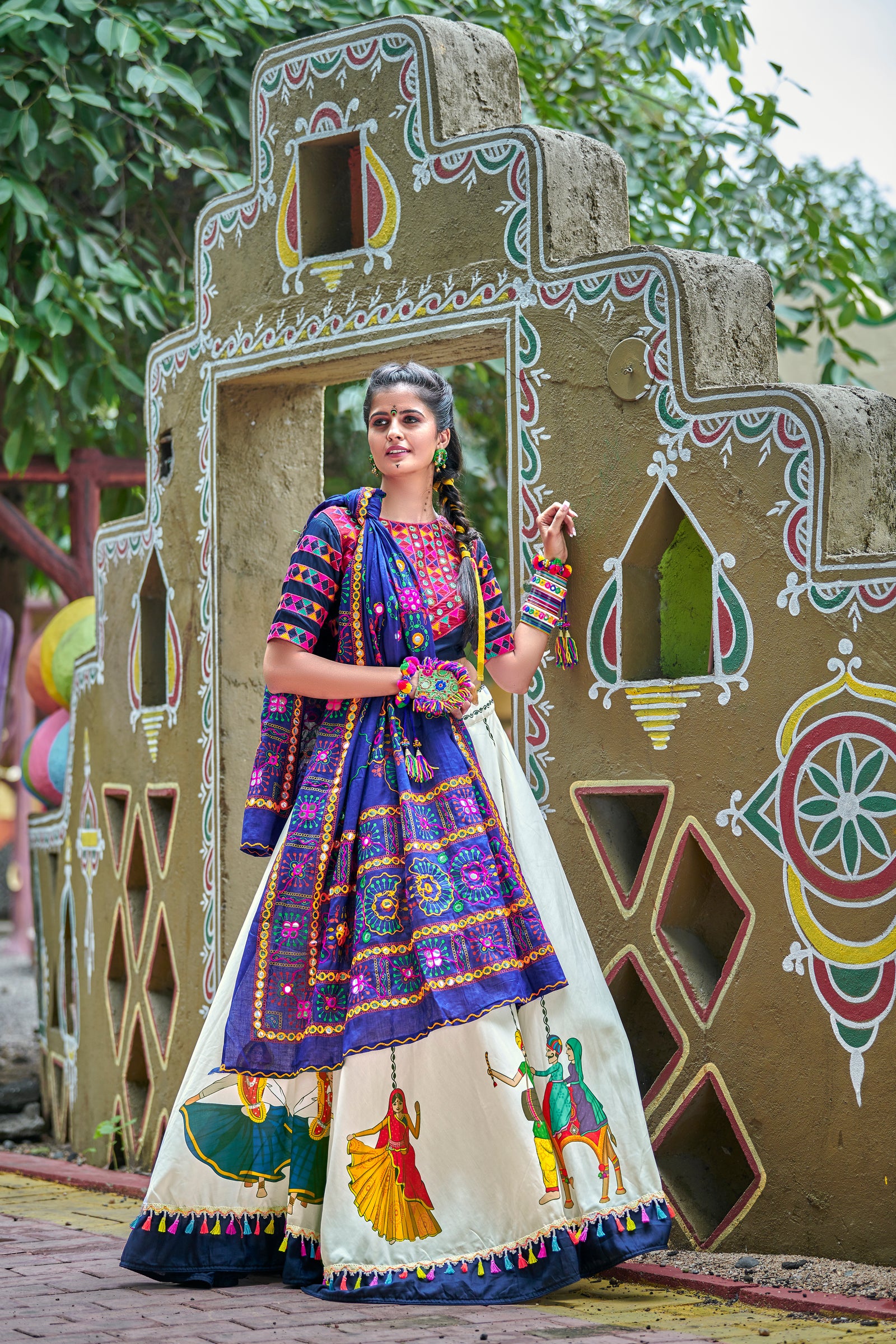 Navy Blue & Off White Soft Cotton Resham Embroidered & Real Mirror Work With Lehenga Choli ClothsVilla