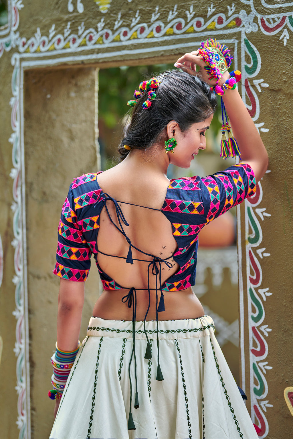 Navy Blue & Off White Soft Cotton Resham Embroidered & Real Mirror Work With Lehenga Choli ClothsVilla